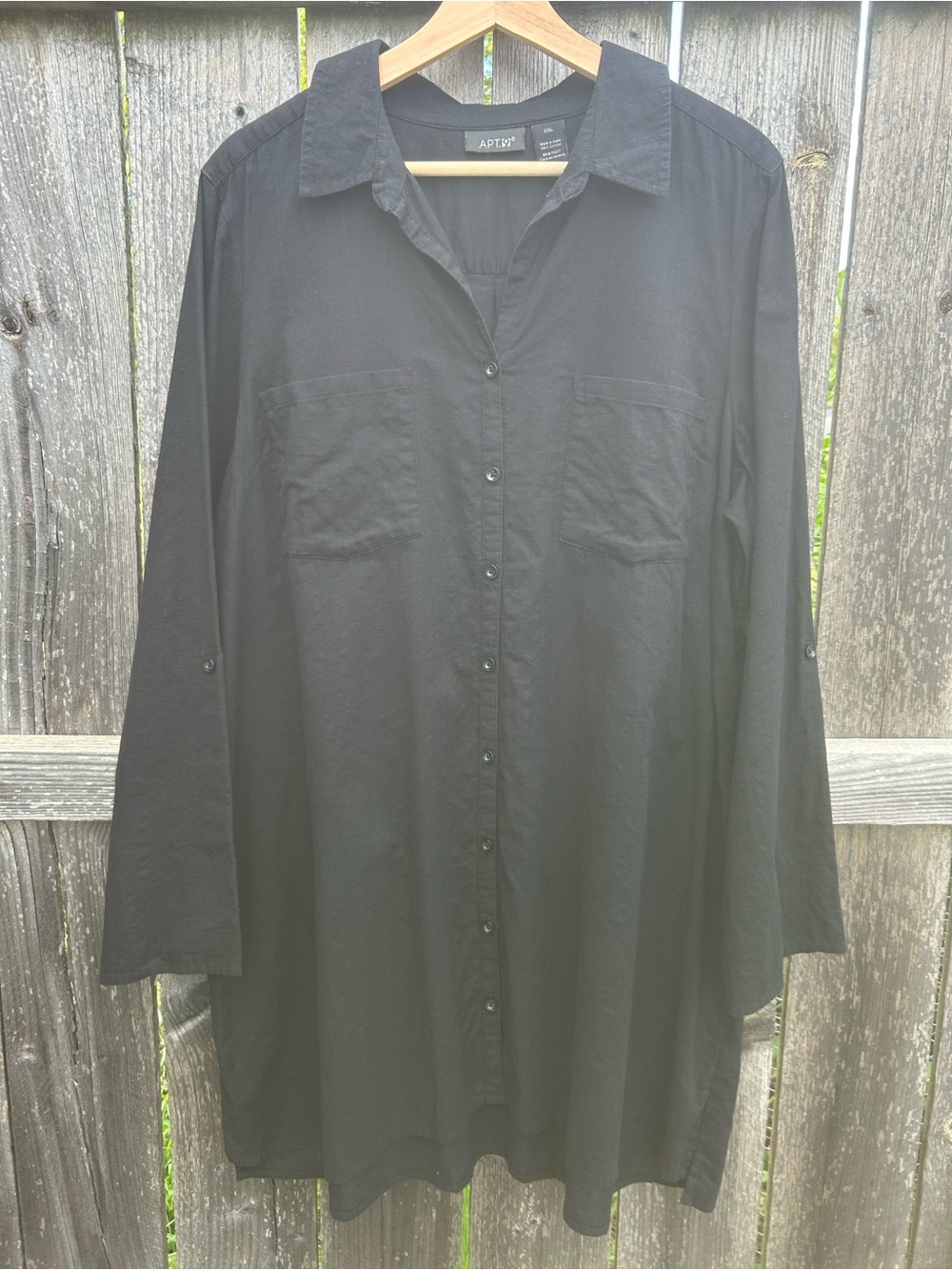 Apt 9 Black 100% Cotton Button Down Roll Tab Sleeve Tunic Top Shirt Dress XXL